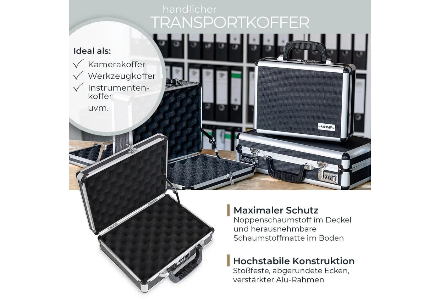 HMF Transportkoffer mit Zahlenschloss Schwarz Silber
