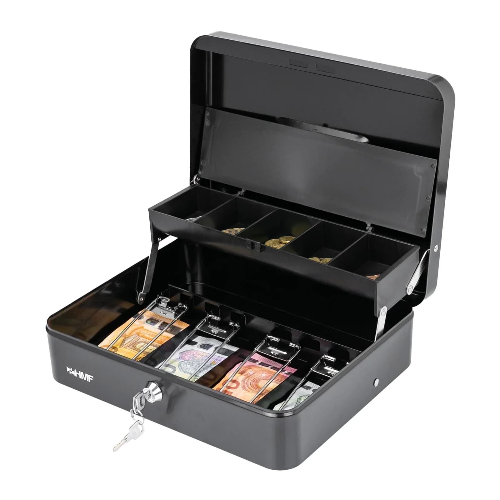 HMF Geldkassette Abschließbar Schwarz mit Münzeinsatz und 4 Scheinfächern