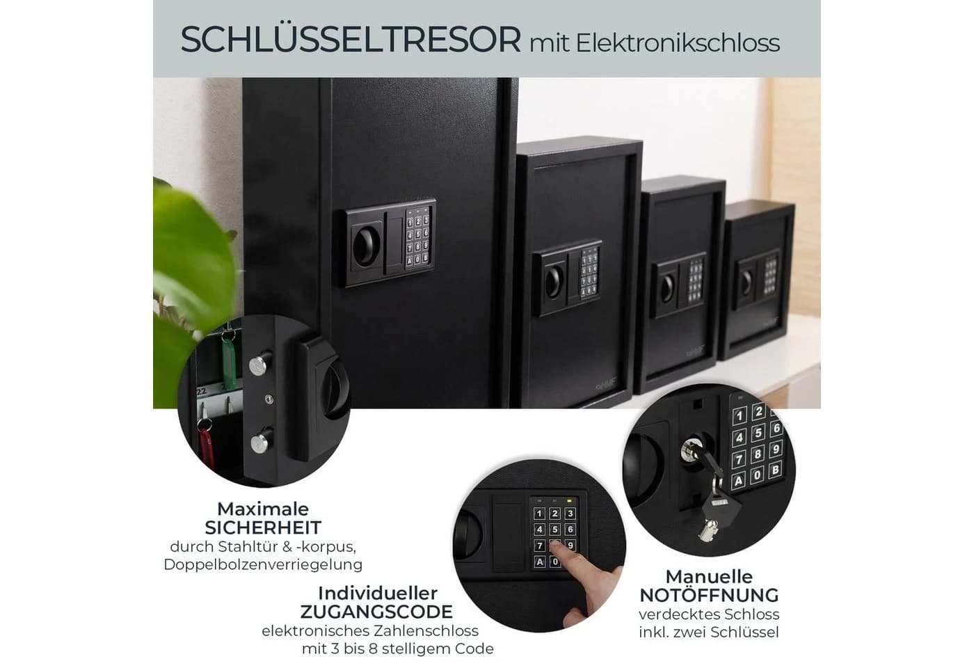 HMF Schlüsseltresor mit Zahlencode 30 Haken Schwarz
