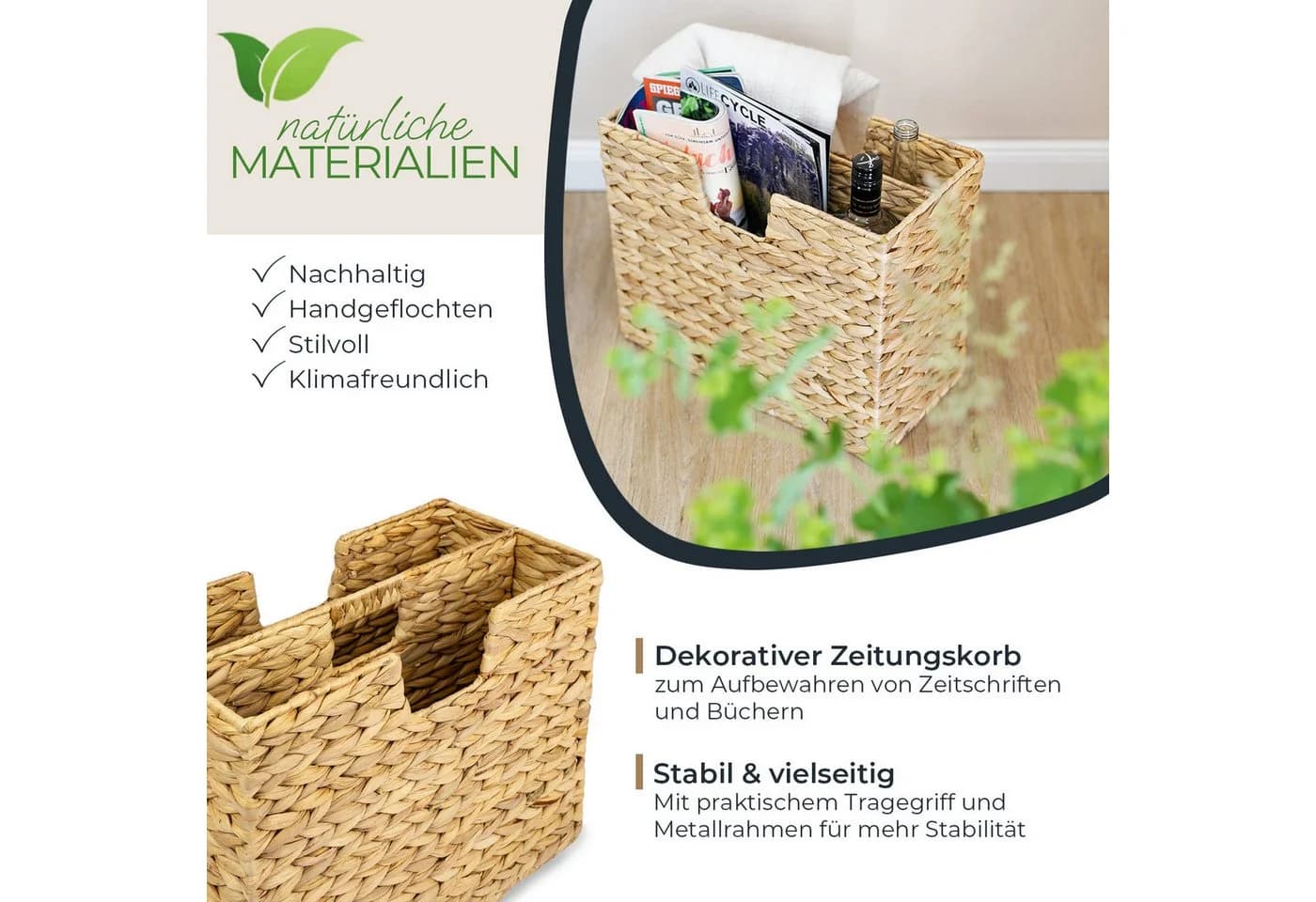 HMF Zeitungsständer Zeitungskorb geflochten aus Wasserhyazinthe mit 2 Fächern