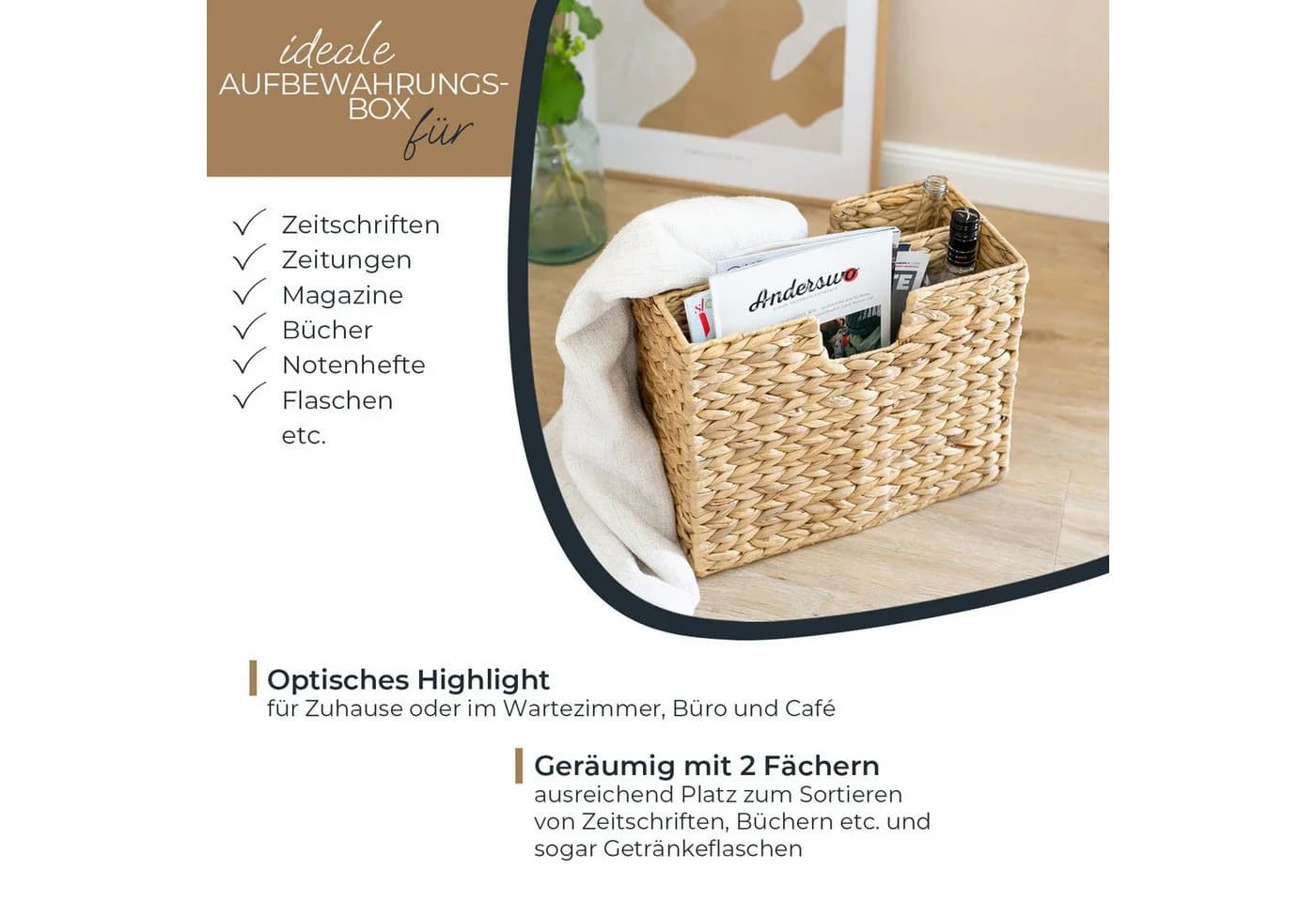 HMF Zeitungsständer Zeitungskorb geflochten aus Wasserhyazinthe mit 2 Fächern - Bild 3