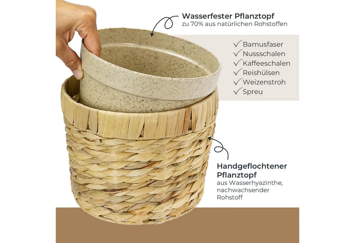 HMF Wasserhyazinthentopf Set 2-tlg. Nachhaltig Geflochten Beige - Bild 3