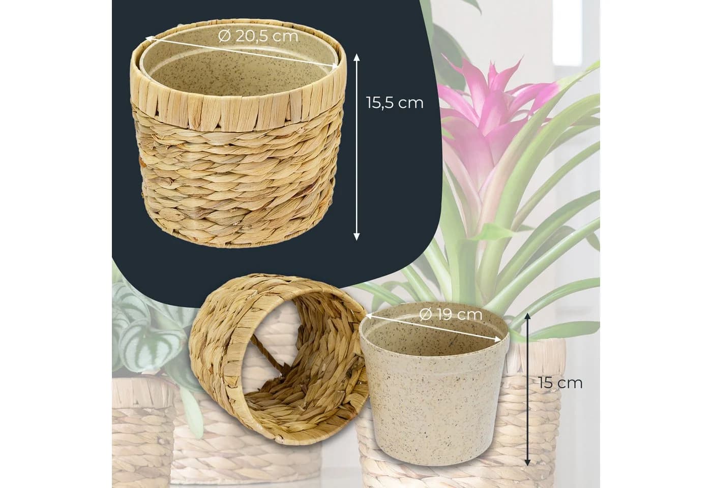 HMF Wasserhyazinthentopf Set 2-tlg. Nachhaltig Geflochten Beige - Bild 5