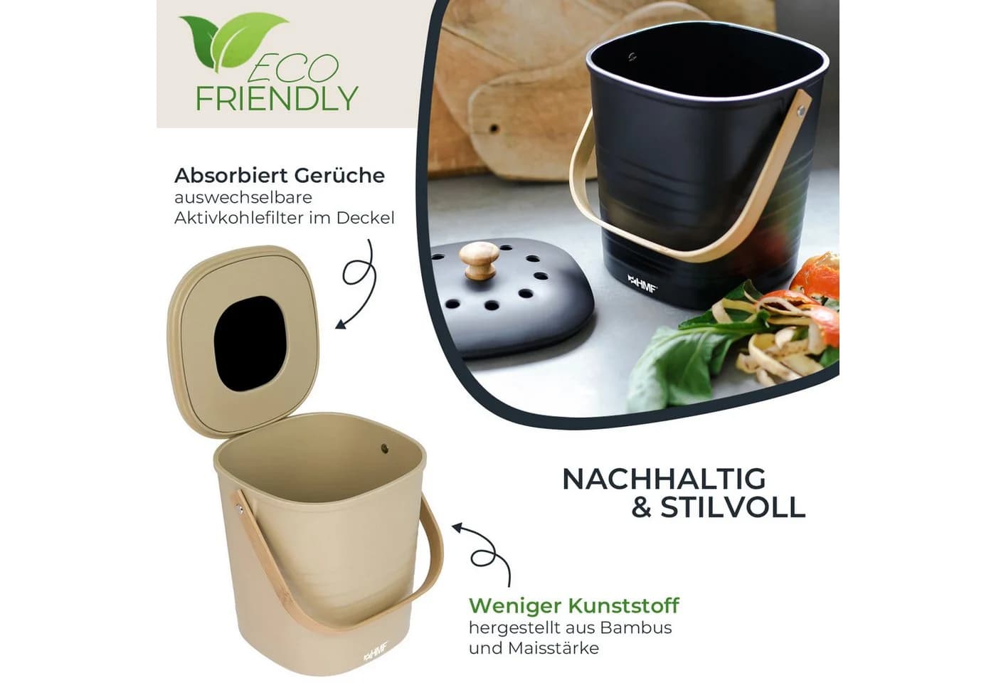 HMF Biomülleimer 3L Geruchsdicht mit Aktivkohlefilter Beige