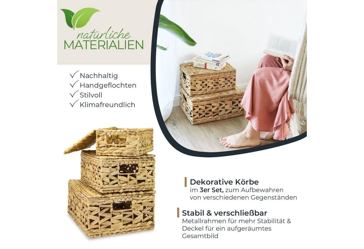 HMF Aufbewahrungskorb 3er-Set Wasserhyazinthe mit Deckel