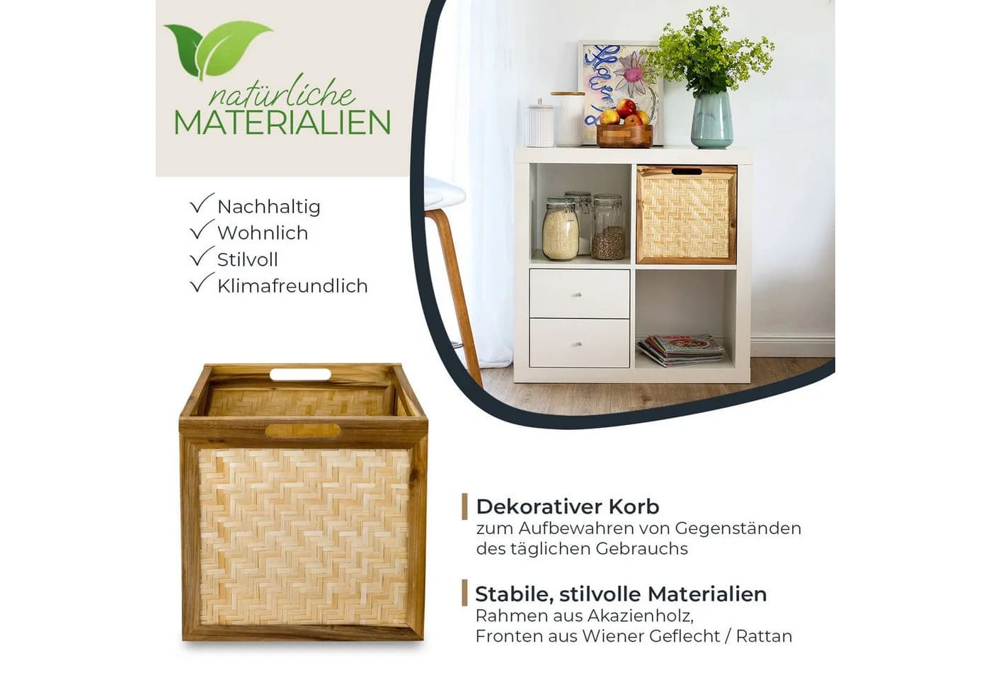 HMF Regalkorb Aufbewahrungskorb mit Wiener Geflecht Rattan Akazienholz Natur