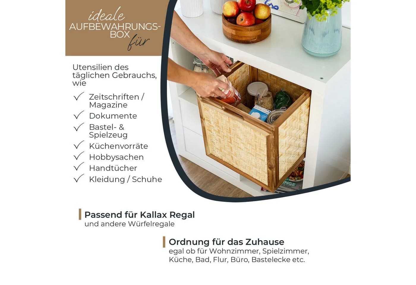 HMF Regalkorb Aufbewahrungskorb mit Wiener Geflecht Rattan Akazienholz Natur - Bild 3