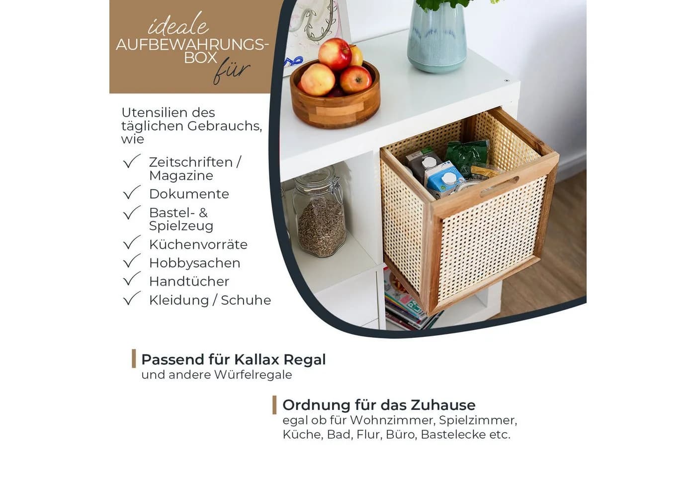 HMF Regalkorb Aufbewahrungskorb Wiener Geflecht Rattan Akazienholz Natur - Bild 3