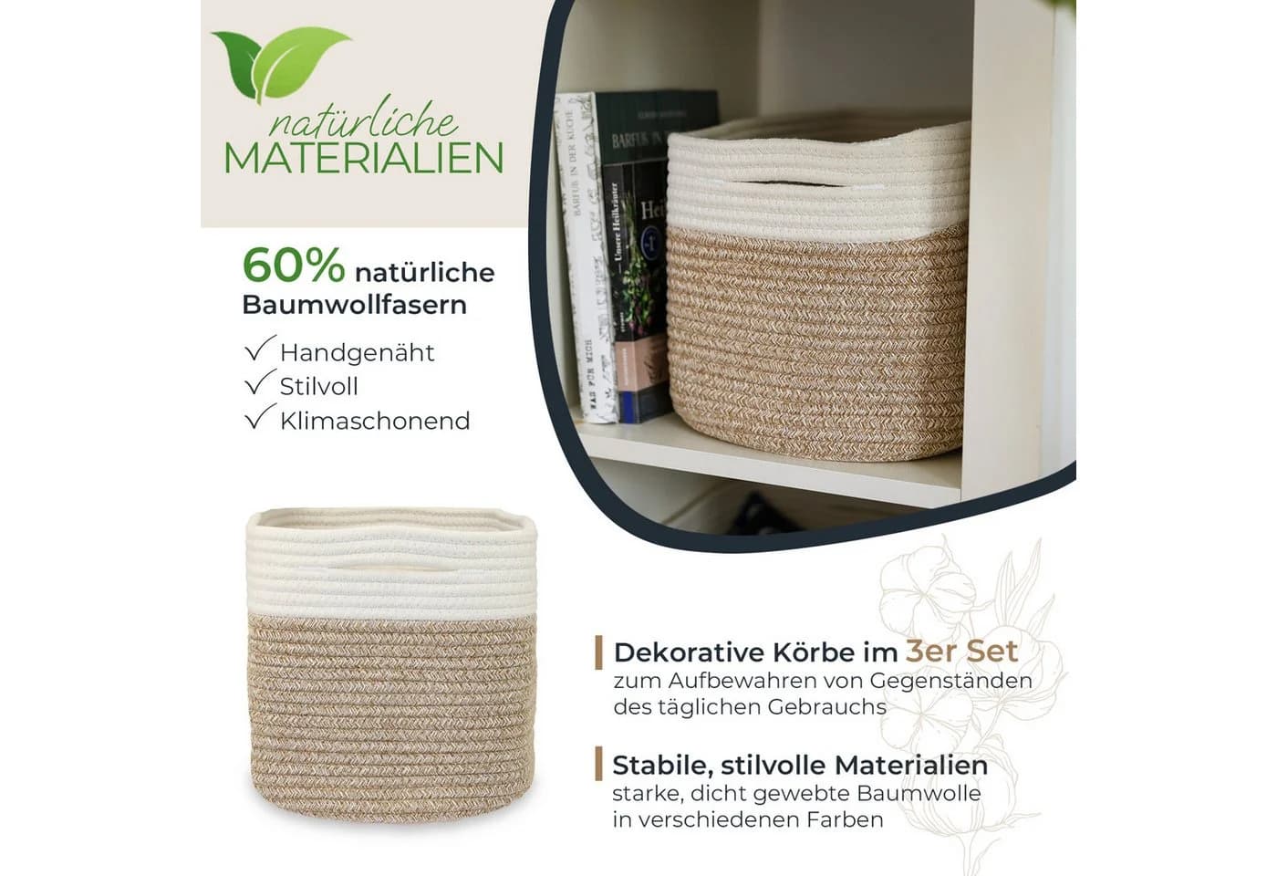 HMF Aufbewahrungskorb 3er Set mit versteckten Griffen Weiß-Braun - Bild 2