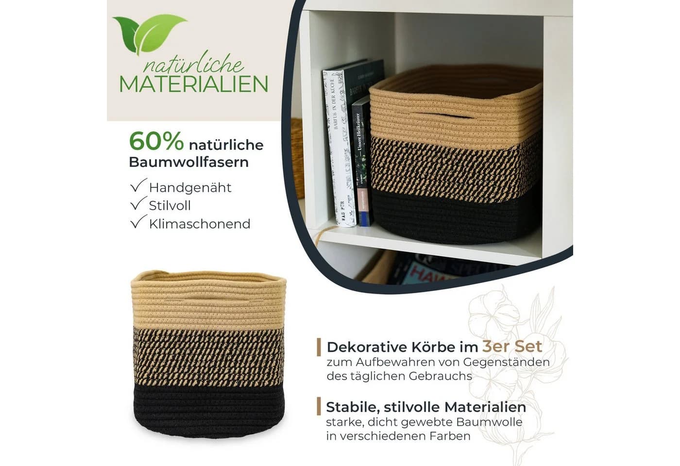 HMF Aufbewahrungskorb 3er Set mit versteckten Griffen Schwarz-Honig - Bild 2