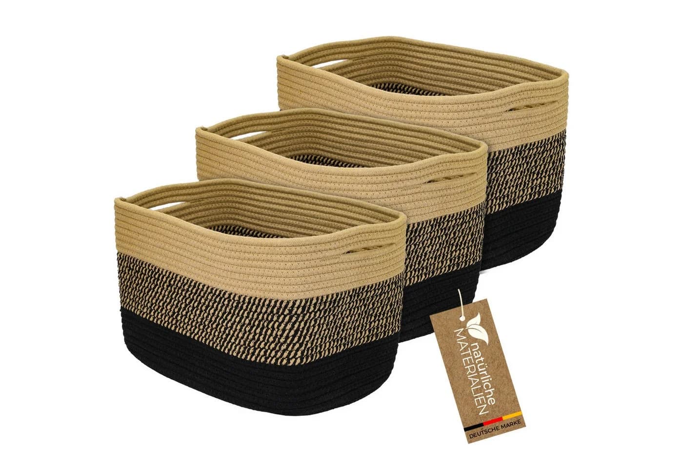 HMF Aufbewahrungskorb 3er Set mit versteckten Griffen Schwarz-Honig - Bild 3