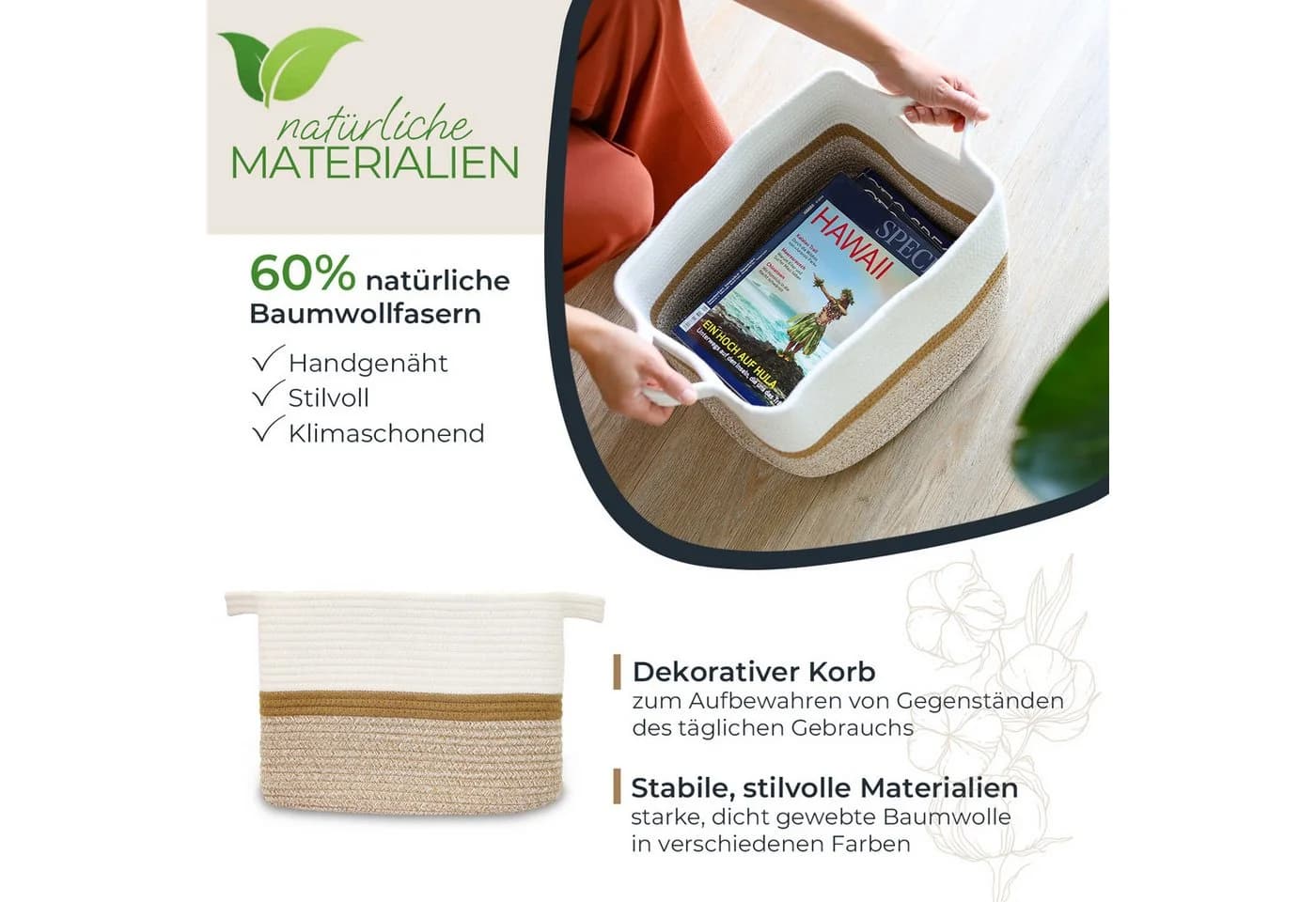 HMF Aufbewahrungskorb mit verlängerten Griffen Weiß-Braun Baumwolle