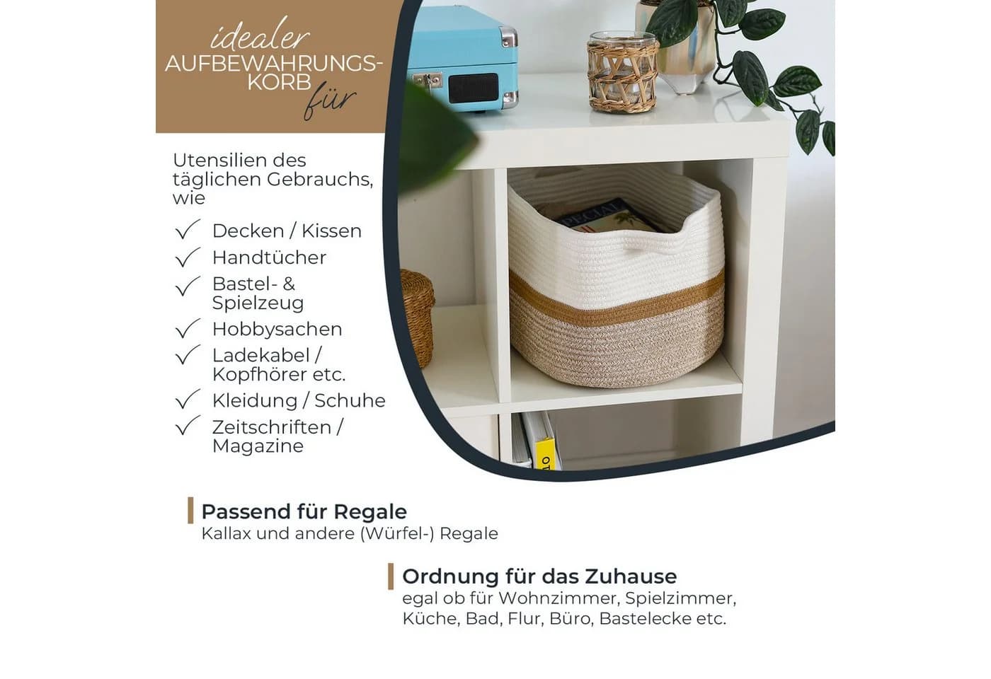HMF Aufbewahrungskorb mit verlängerten Griffen Weiß-Braun Baumwolle - Bild 3