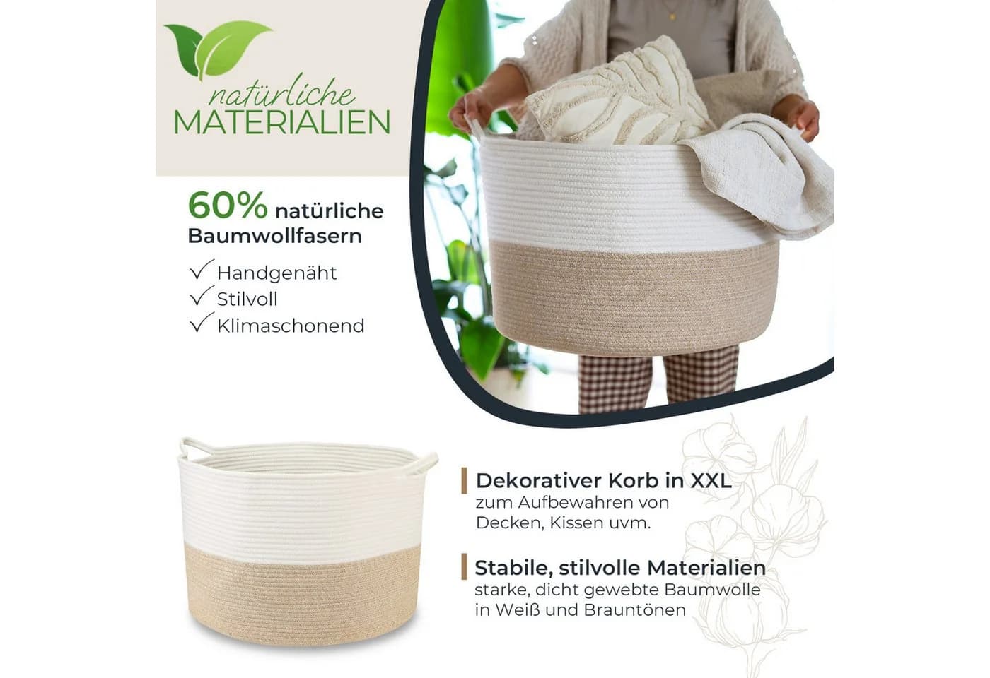 HMF Aufbewahrungskorb XXL Wäschekorb Baumwolle Weiß-Braun