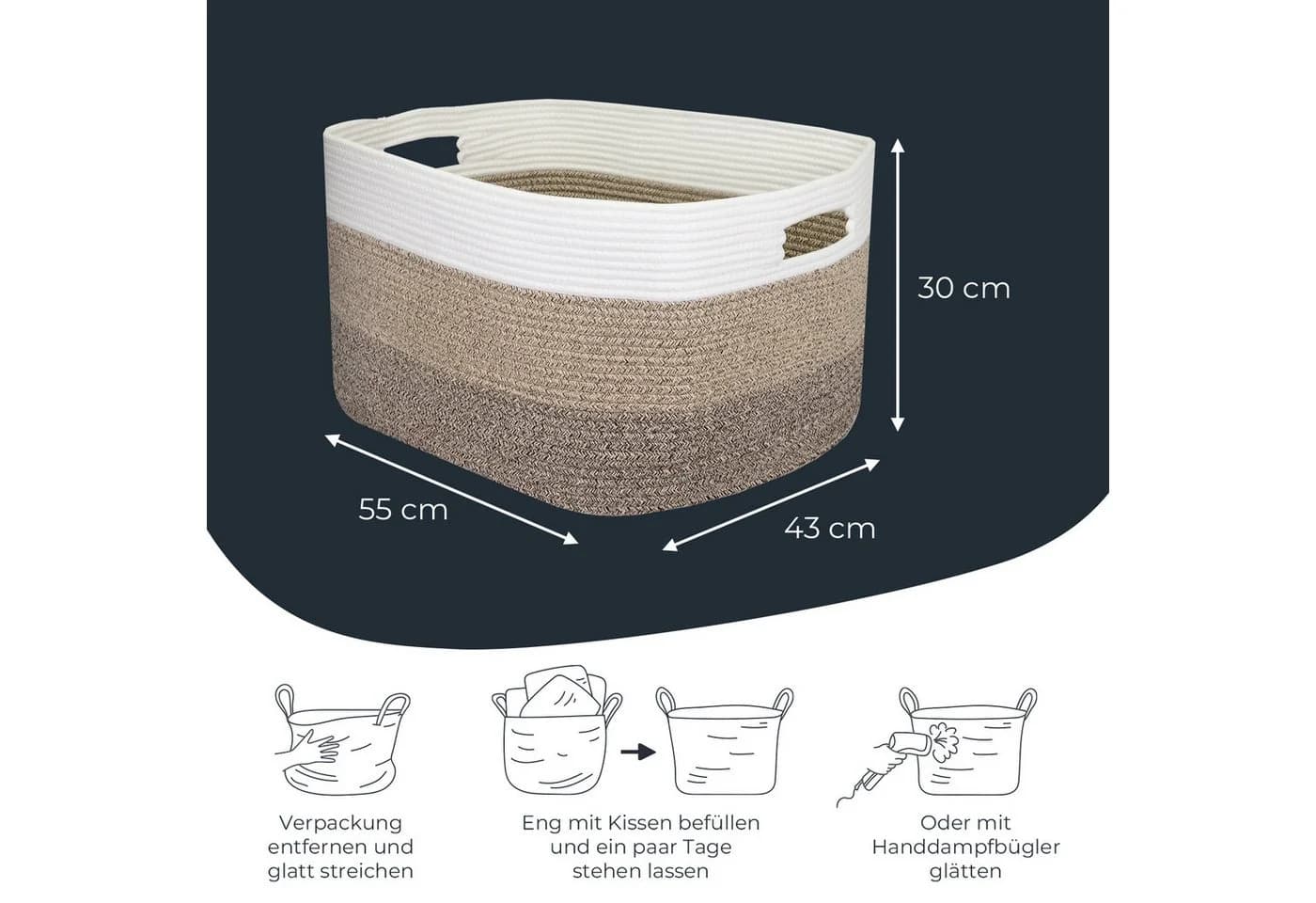 HMF Aufbewahrungskorb XXL Wäschekorb Baumwolle 71 Liter Weiß-Braun - Bild 5