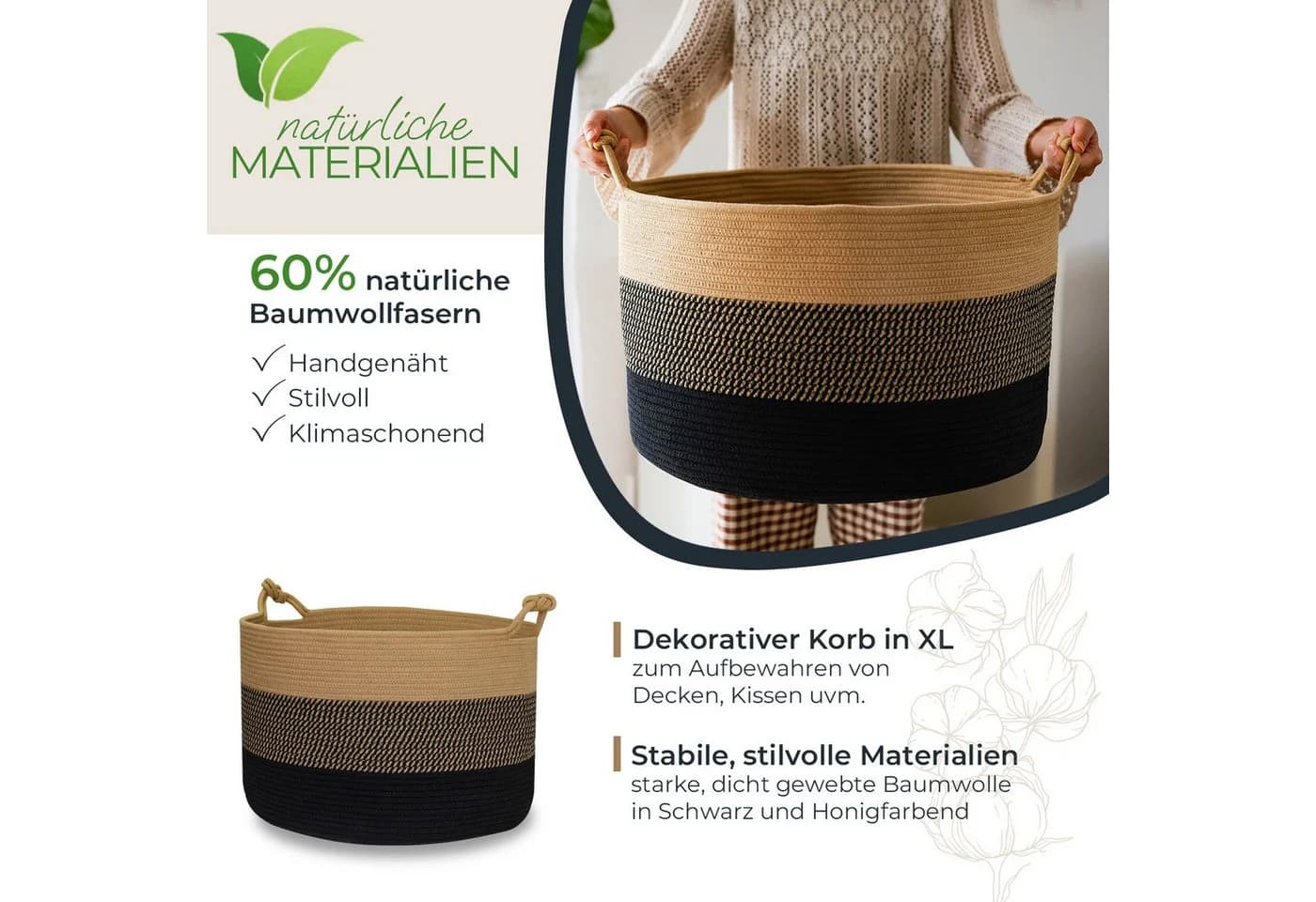 HMF Aufbewahrungskorb Schwarz-Honig mit Glücksknoten-Griffen