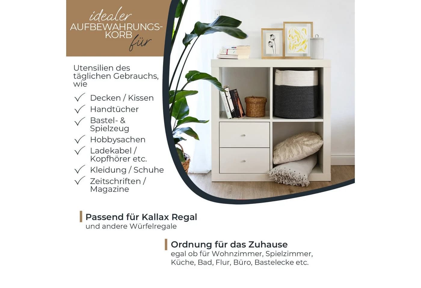 HMF Aufbewahrungskorb Weiß-Grau mit Versteckten Griffen für Kallax - Bild 3