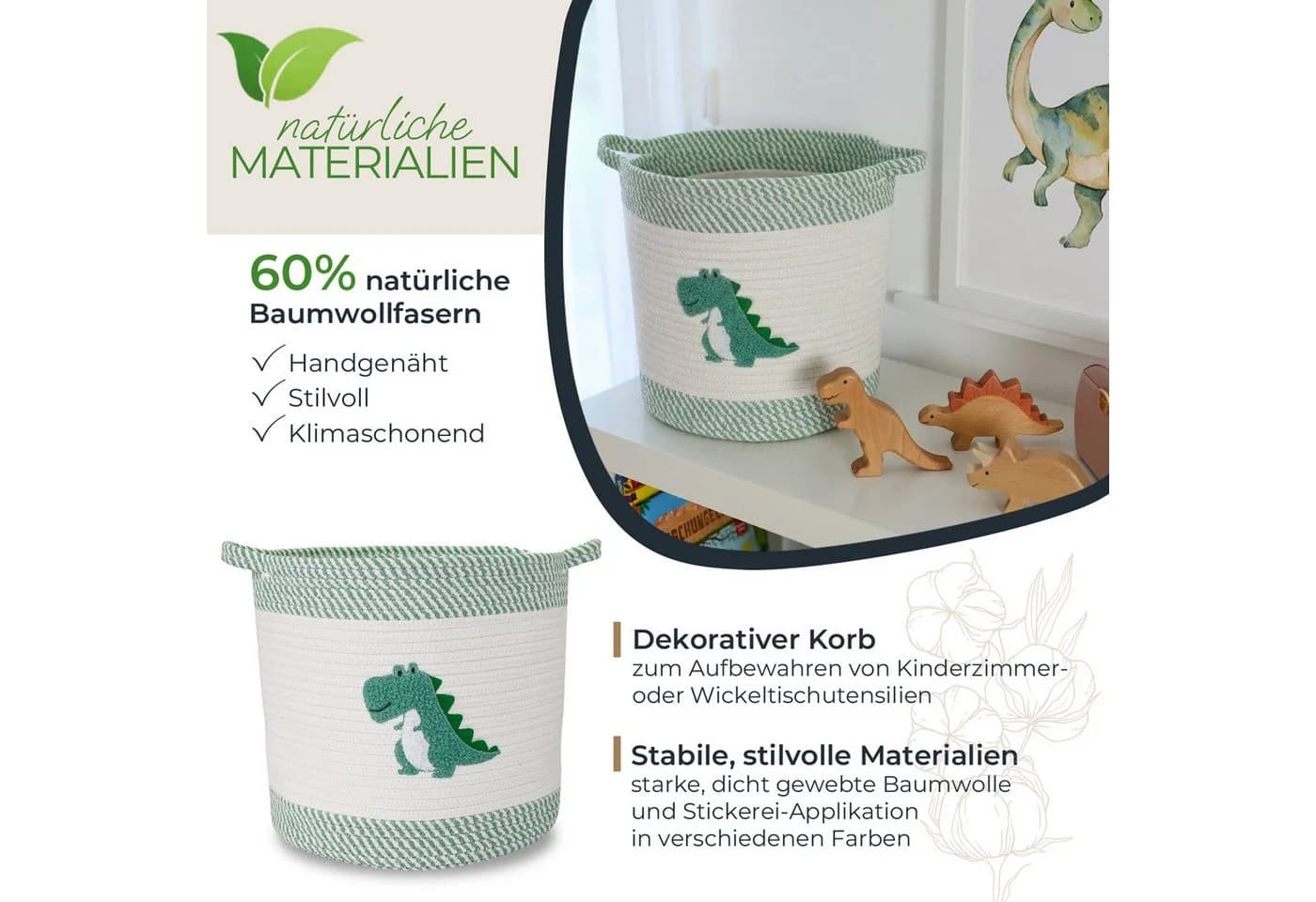 HMF Aufbewahrungskorb Grün Dinosaurier mit Griffen