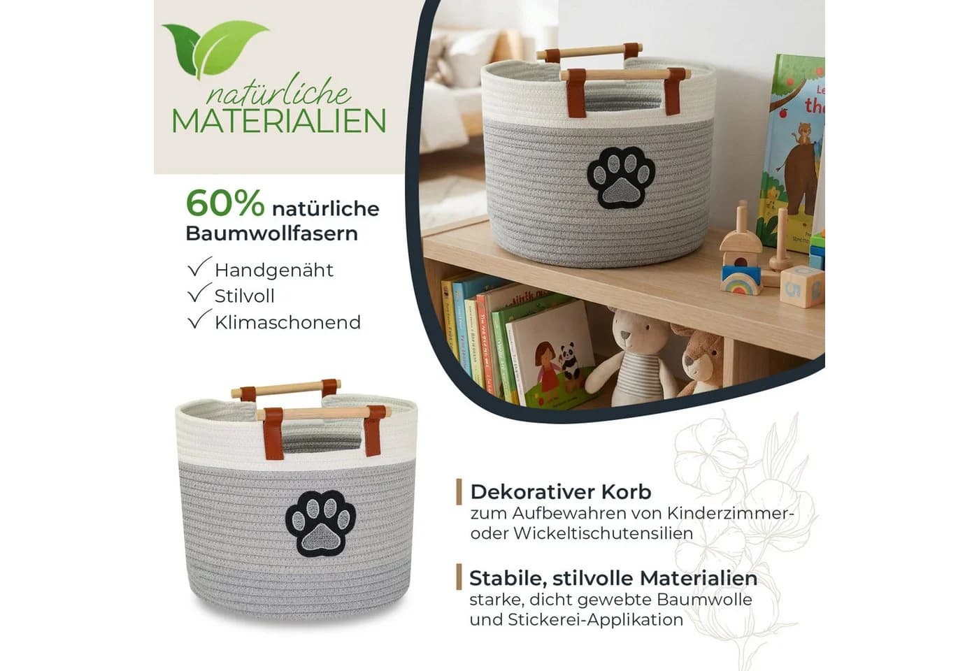 HMF Aufbewahrungskorb mit Holzgriffen Grau Hundepfote
