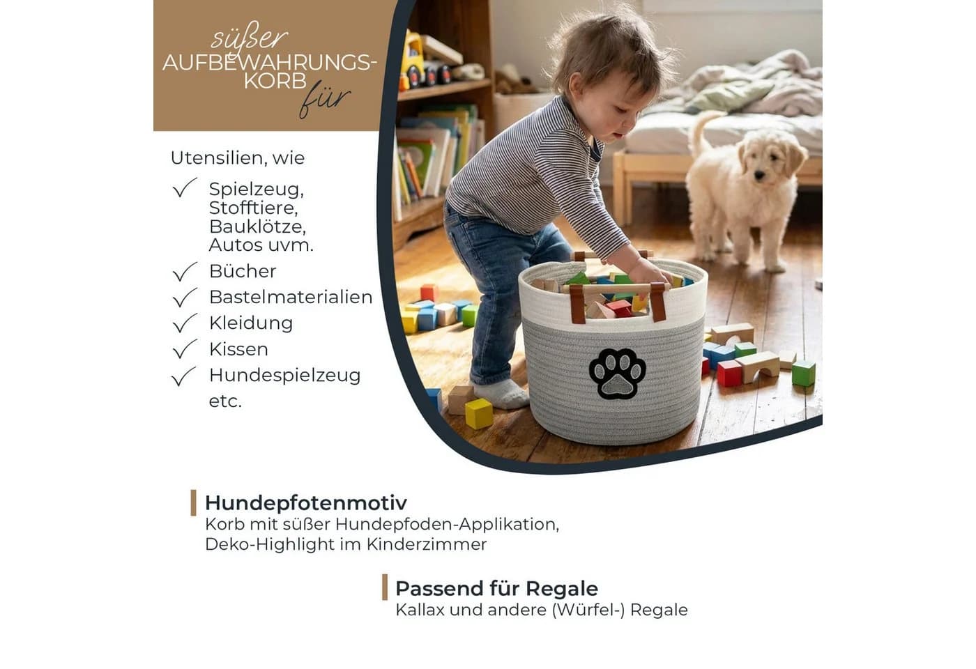 HMF Aufbewahrungskorb mit Holzgriffen Grau Hundepfote - Bild 3