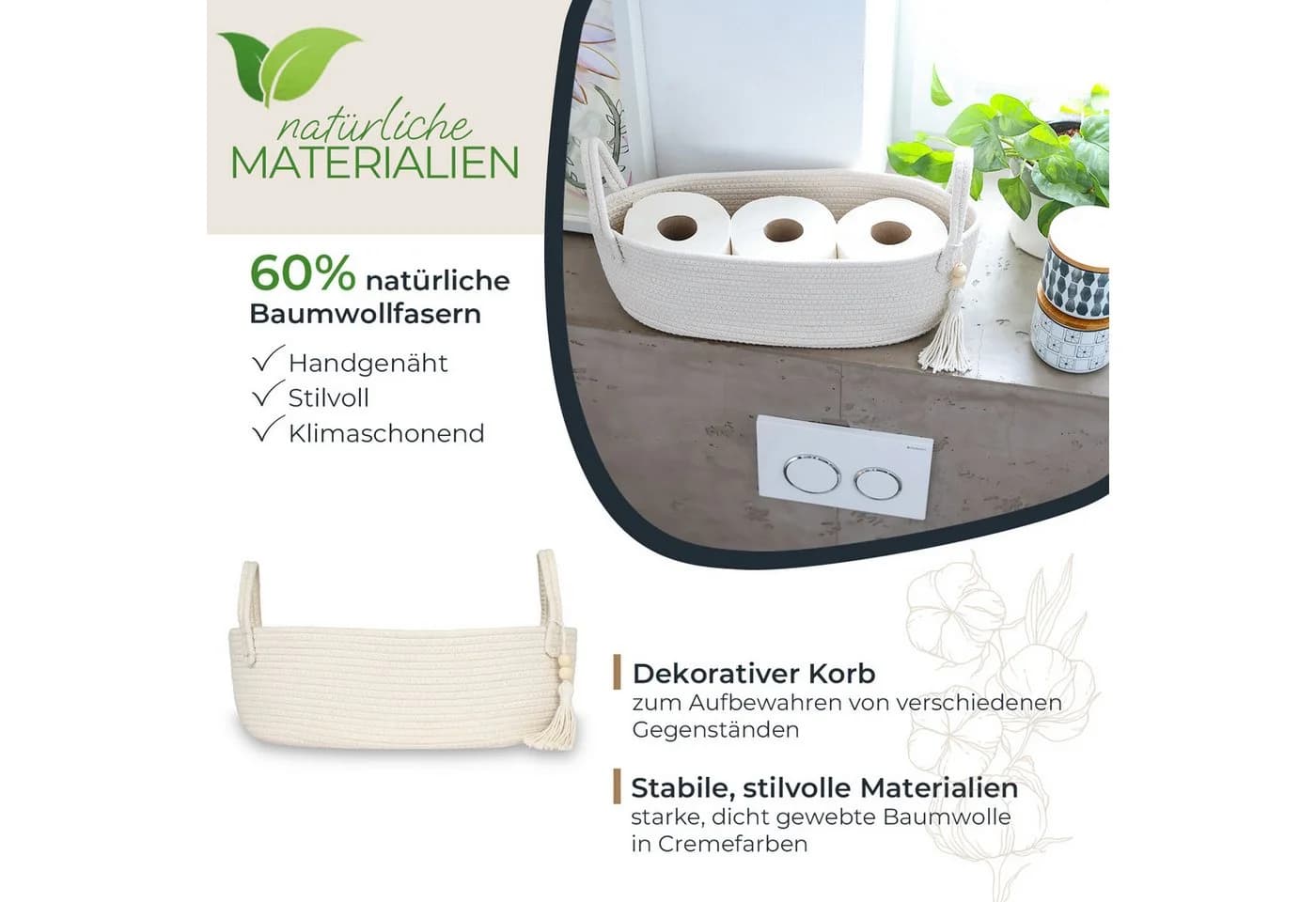 HMF Aufbewahrungskorb Creme Handgenäht Baumwolle