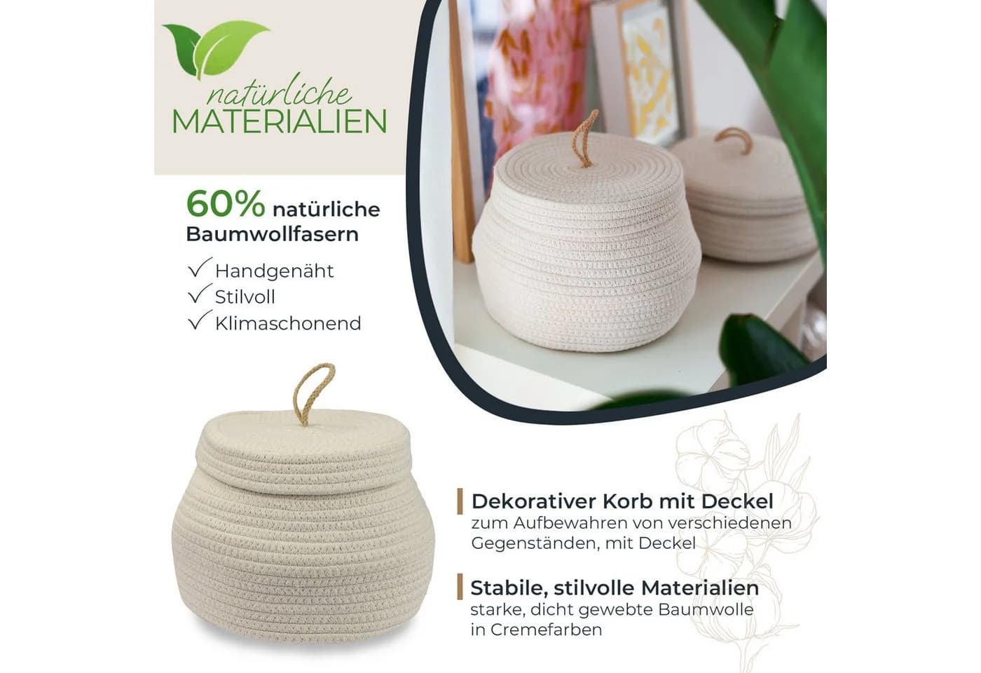 HMF Aufbewahrungskorb mit Deckel Baumwolle Creme