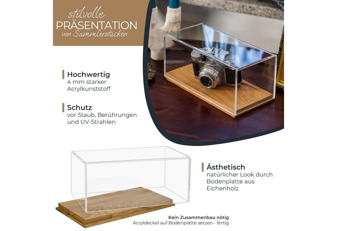 HMF Acryl Vitrine mit Holzsockel Transparent für Modellautos