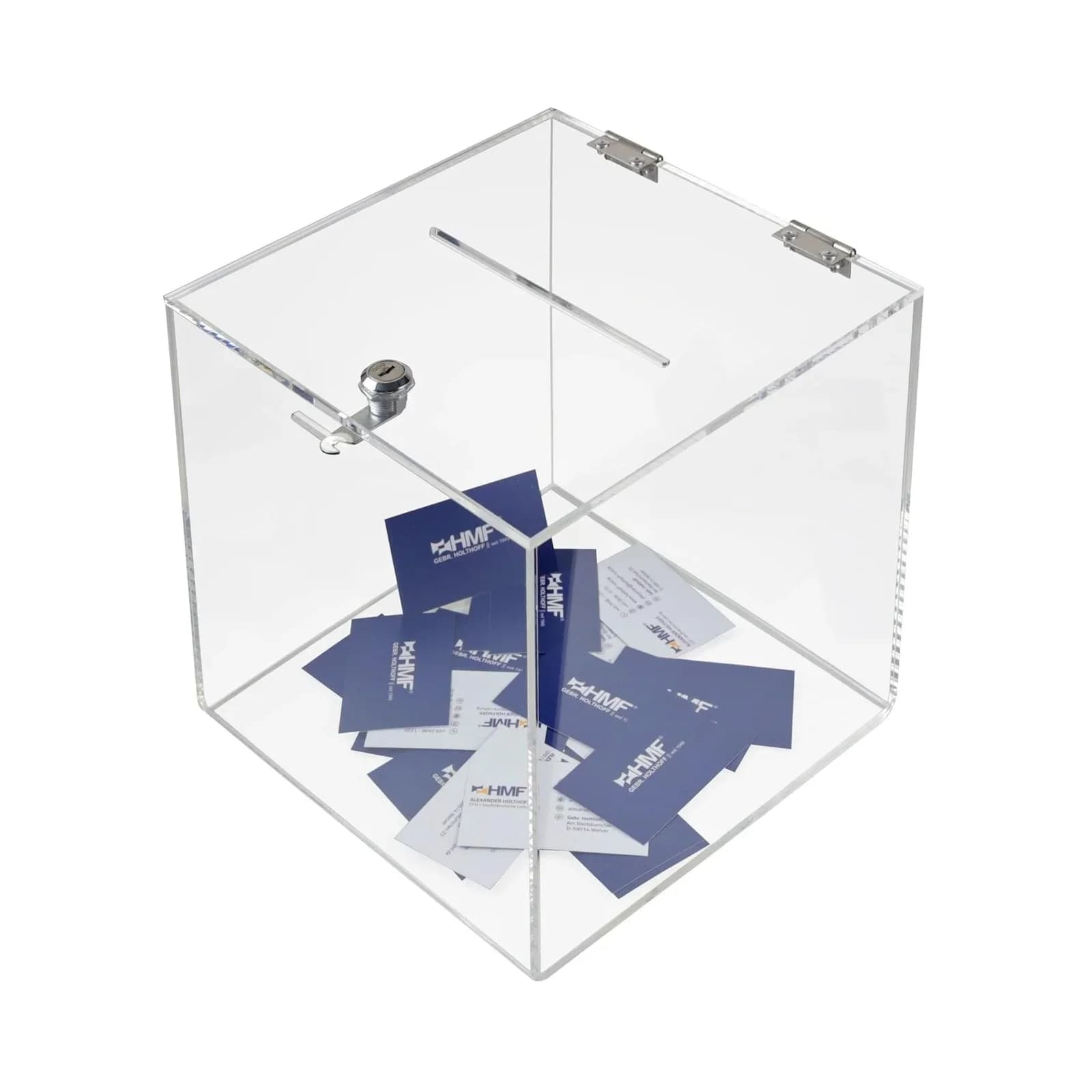 Transparente Acryl-Spendenbox in Würfelform