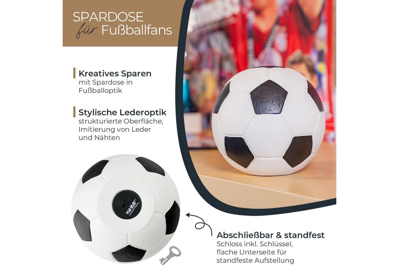 HMF Spardose Fußball Lederoptik mit Schloss Schwarz-Weiß