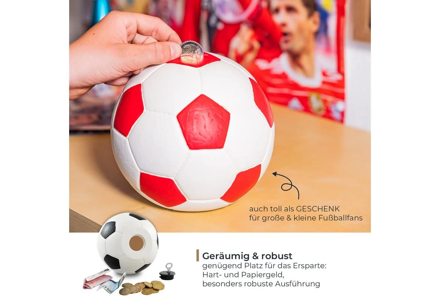 HMF Spardose Fußball Lederoptik mit Schloss Schwarz-Weiß - Bild 3