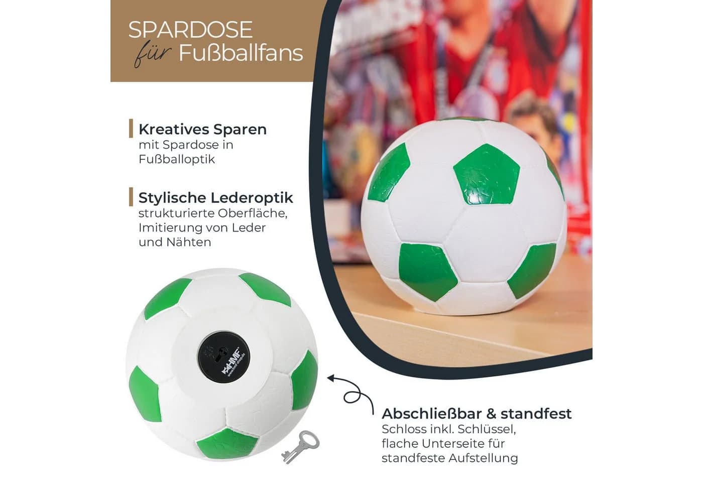 HMF Spardose Fußball Lederoptik mit Schloss Grün-Weiß