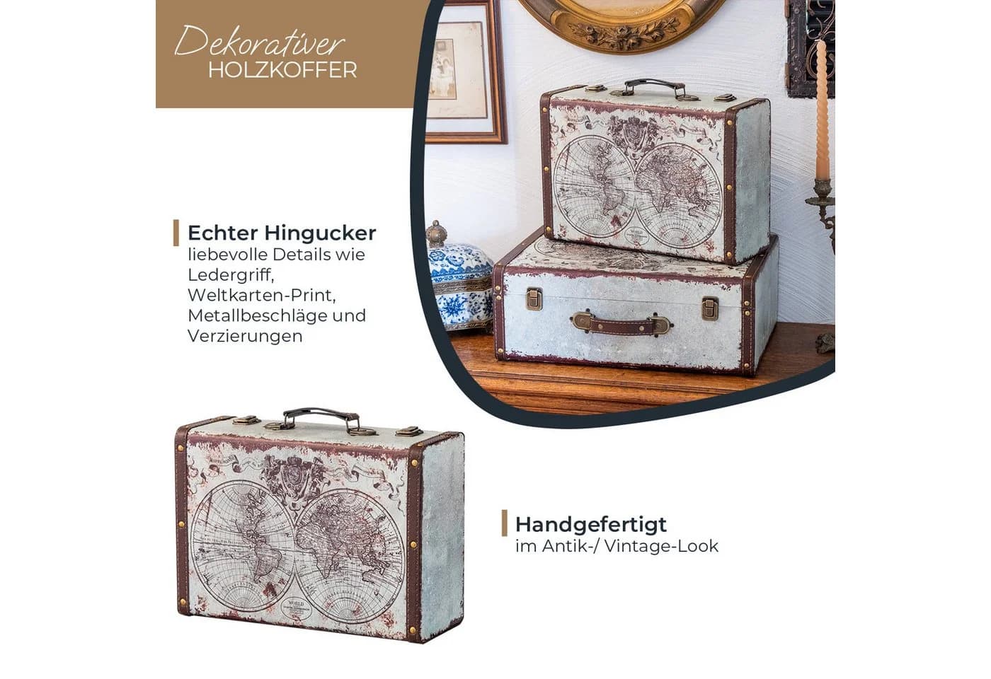 HMF Vintage Koffer aus Holz Weltkarten Design Aufbewahrungsbox