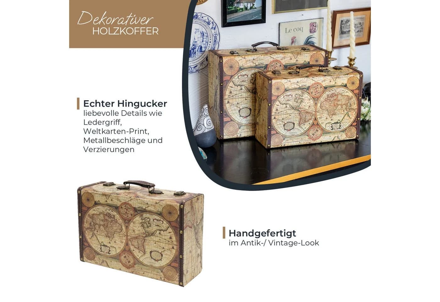 HMF Vintage Holzkoffer Weltkarten-Design Aufbewahrungsbox