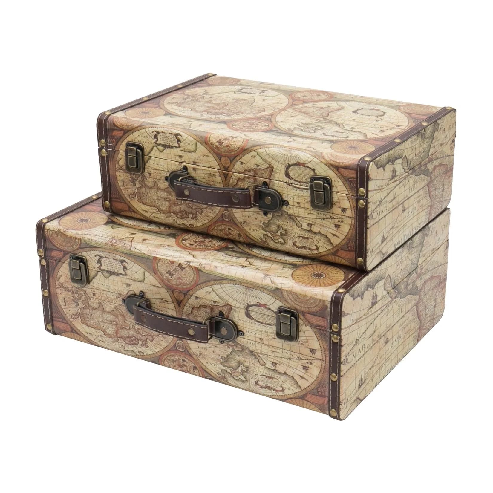 HMF Vintage Koffer Set 2er Holz Weltkarte Deko