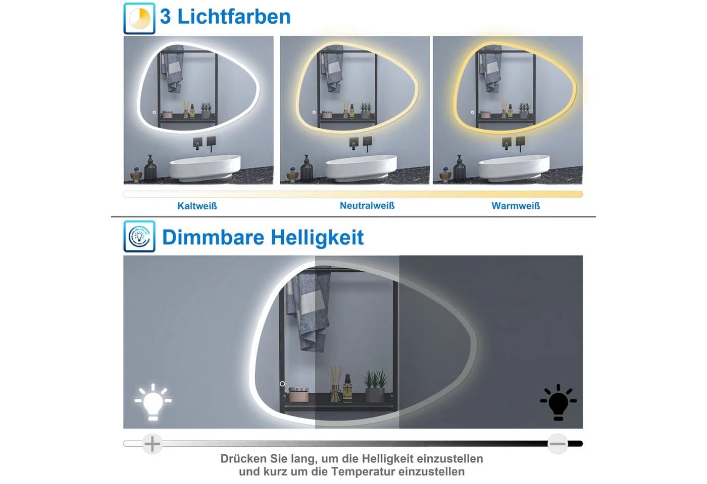 Aica Sanitär Badspiegel Asymmetrisch mit LED, Antibeschlag & Dimmbar