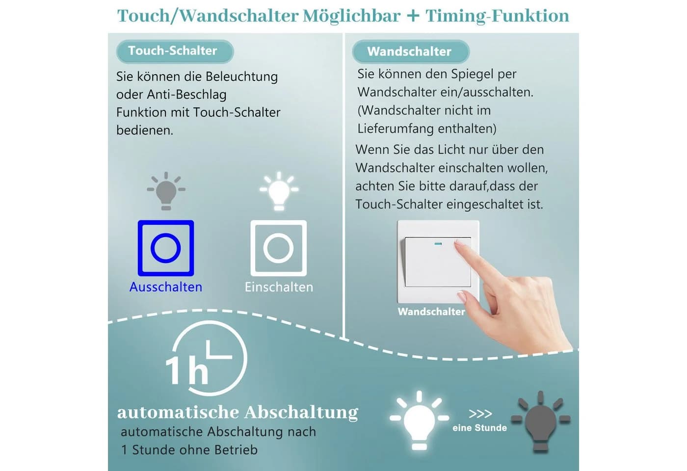Aica Sanitär Badspiegel Asymmetrisch mit LED, Antibeschlag & Dimmbar - Bild 5