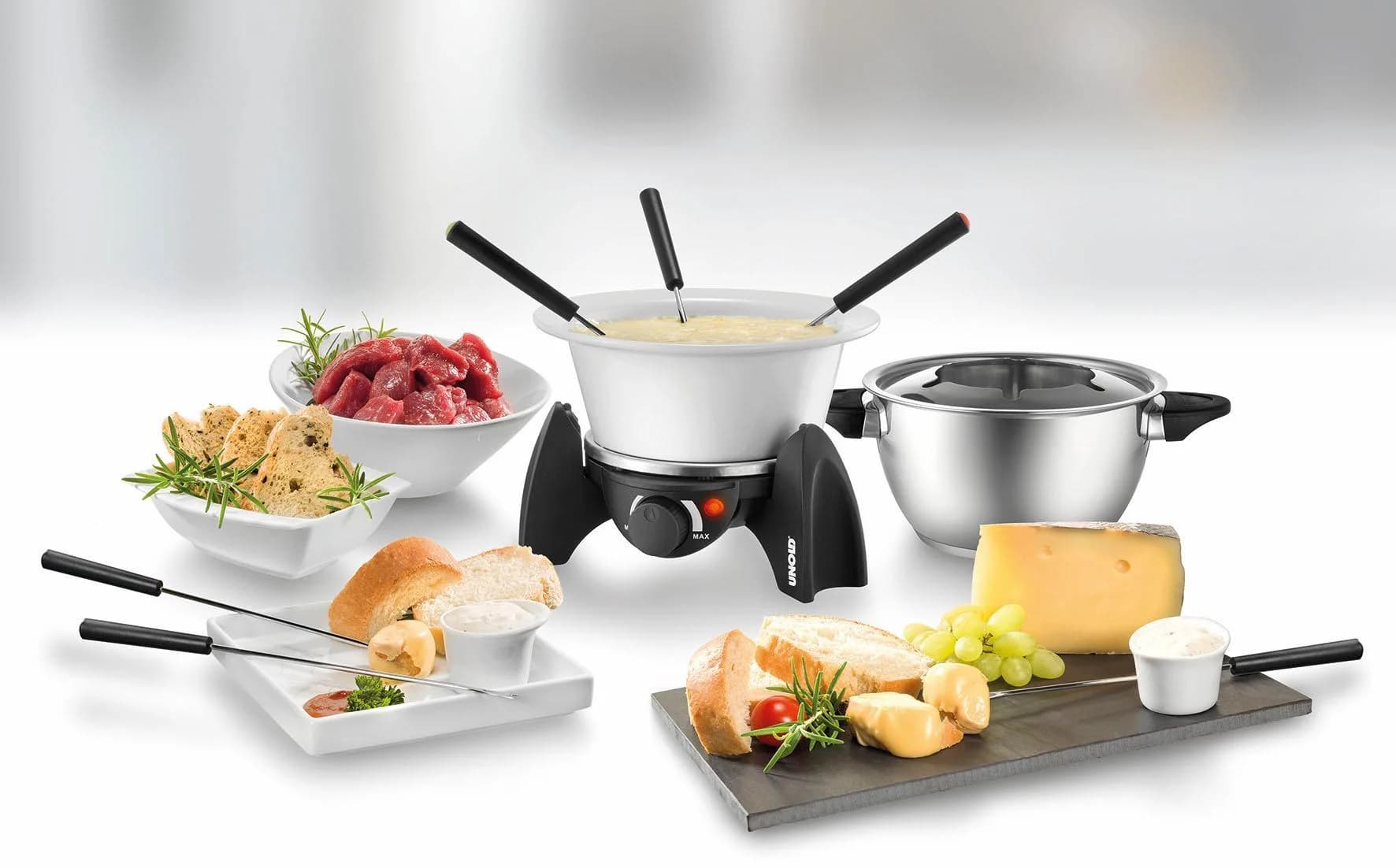 UNOLD Elektro-Fondue 48615 Silber Edelstahl-Fonduetopf plus feuerfestem Keramiktopf