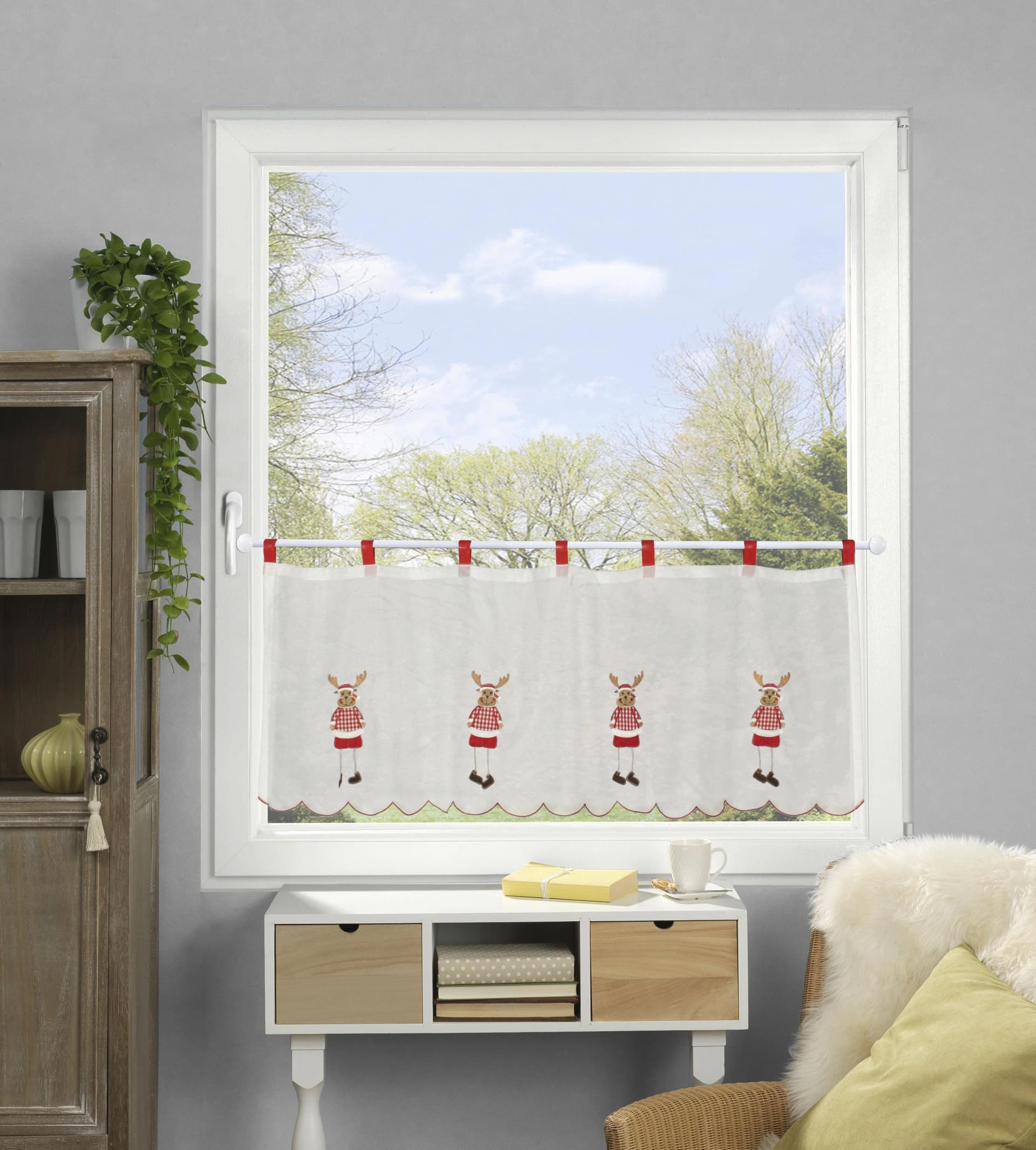 HOME WOHNIDEEN Scheibengardine RUDOLF Rot Bestickte Elche Voile