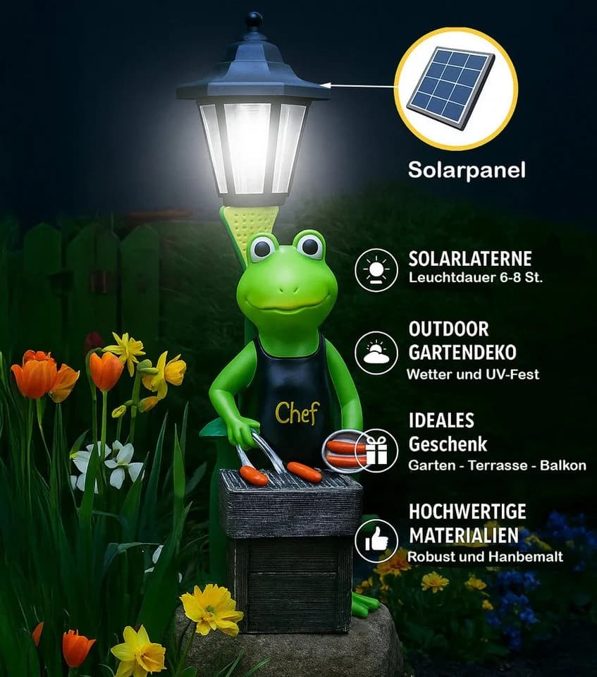 Kremers Schatzkiste Gartenfigur XXL Frosch Grillmeister LED Solarlaterne - Bild 3