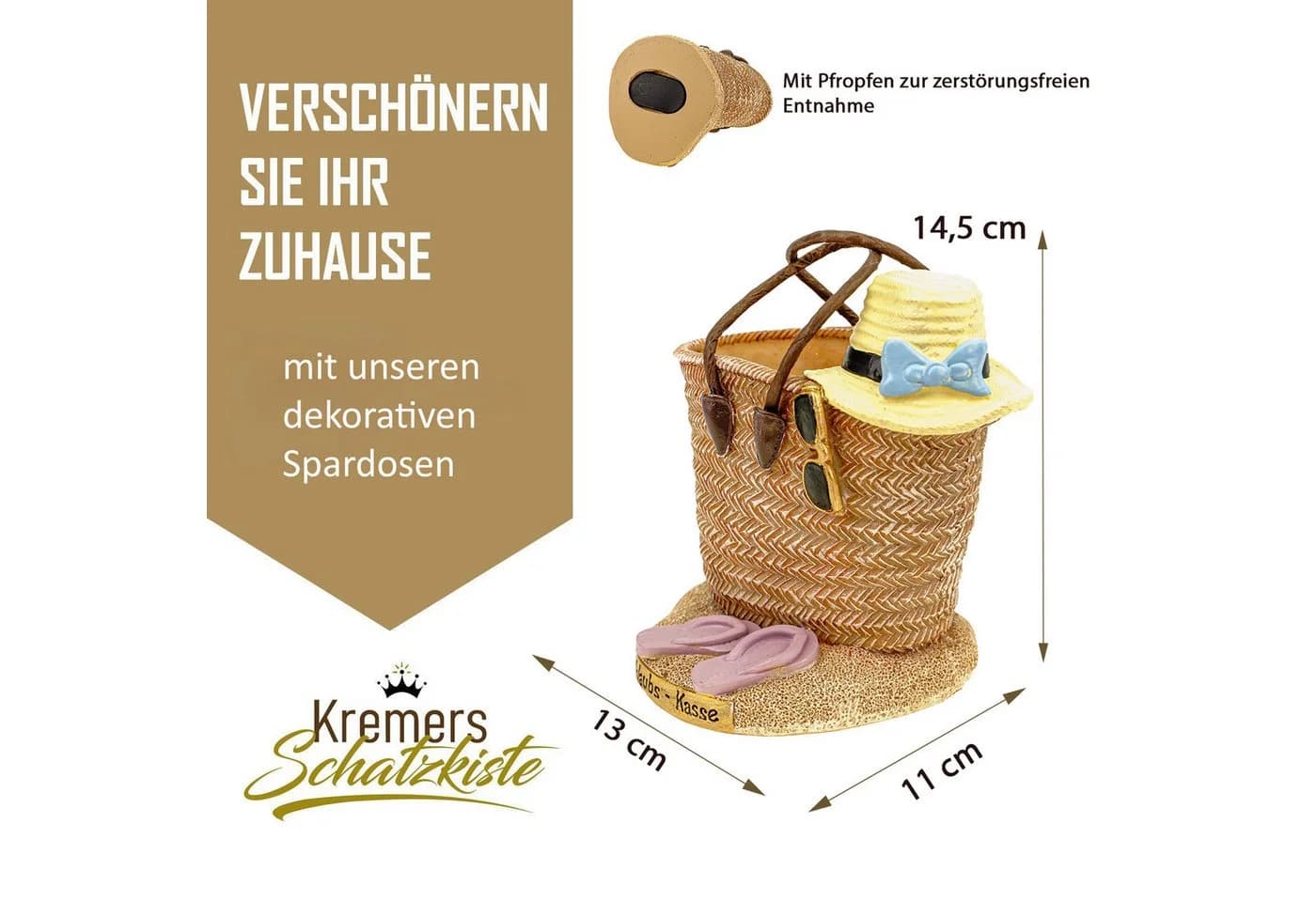 Kremers Schatzkiste Urlaubskasse Strandtasche handbemalt Spardose