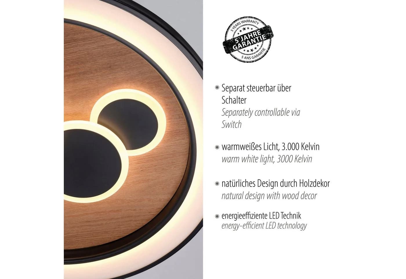 Paul Neuhaus LED-Deckenleuchte Eliza, Eiche geölt, Ø 60 cm - Bild 3