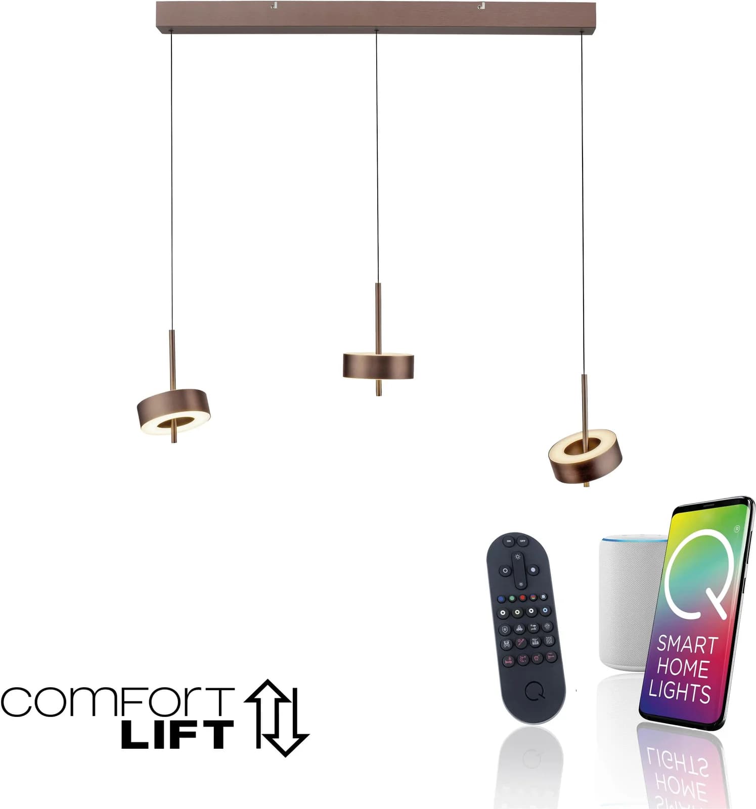 Paul Neuhaus Smart-LED-Hängelampe Q-Rotate Dunkelbraun 3-flg