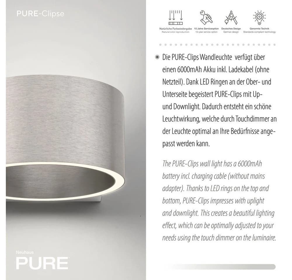 Paul Neuhaus Wandleuchte PURE Clipse LED Akku dimmbar silber - Bild 3