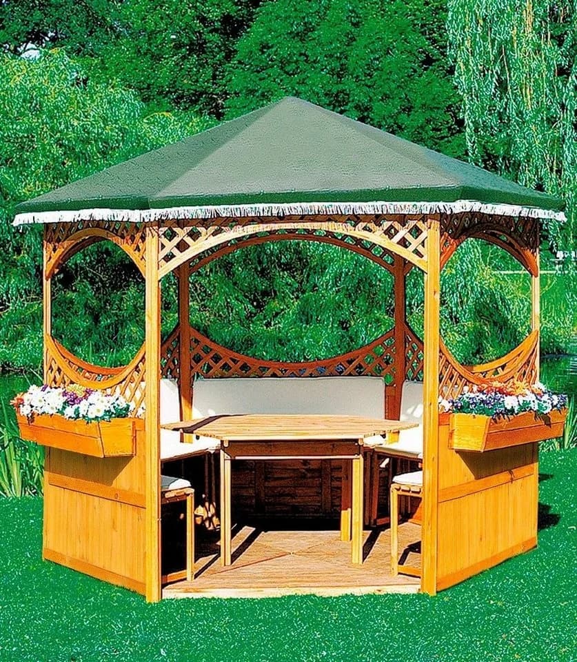 Sechseckiger Pavillon aus Kiefernholz mit Foliendach