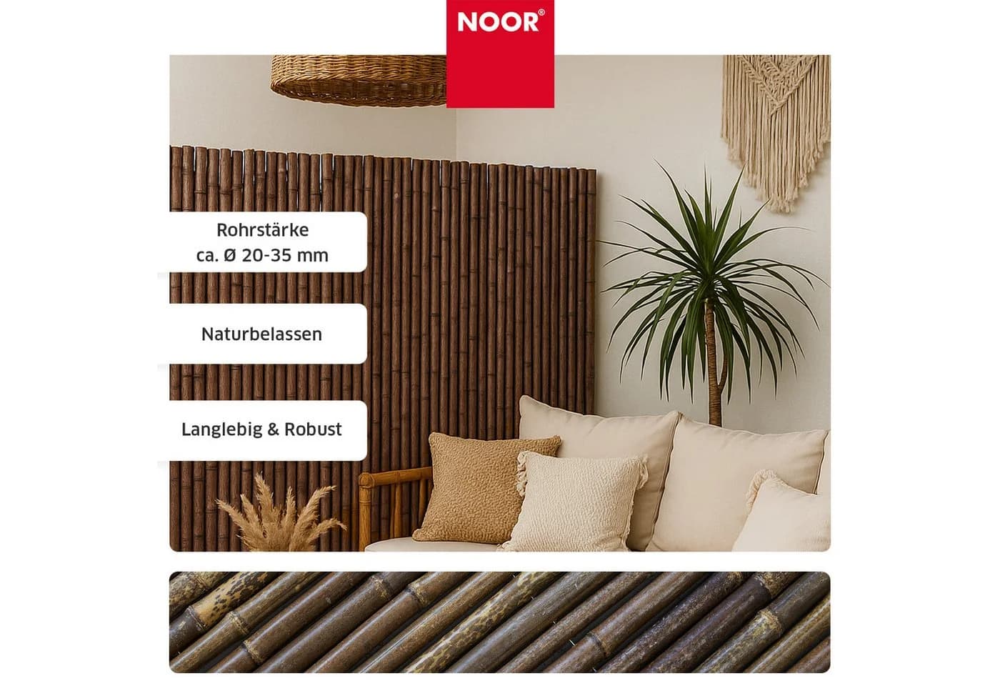 NOOR Sichtschutzzaunmatte Bambus DELUXE Schwarz Extra Dick