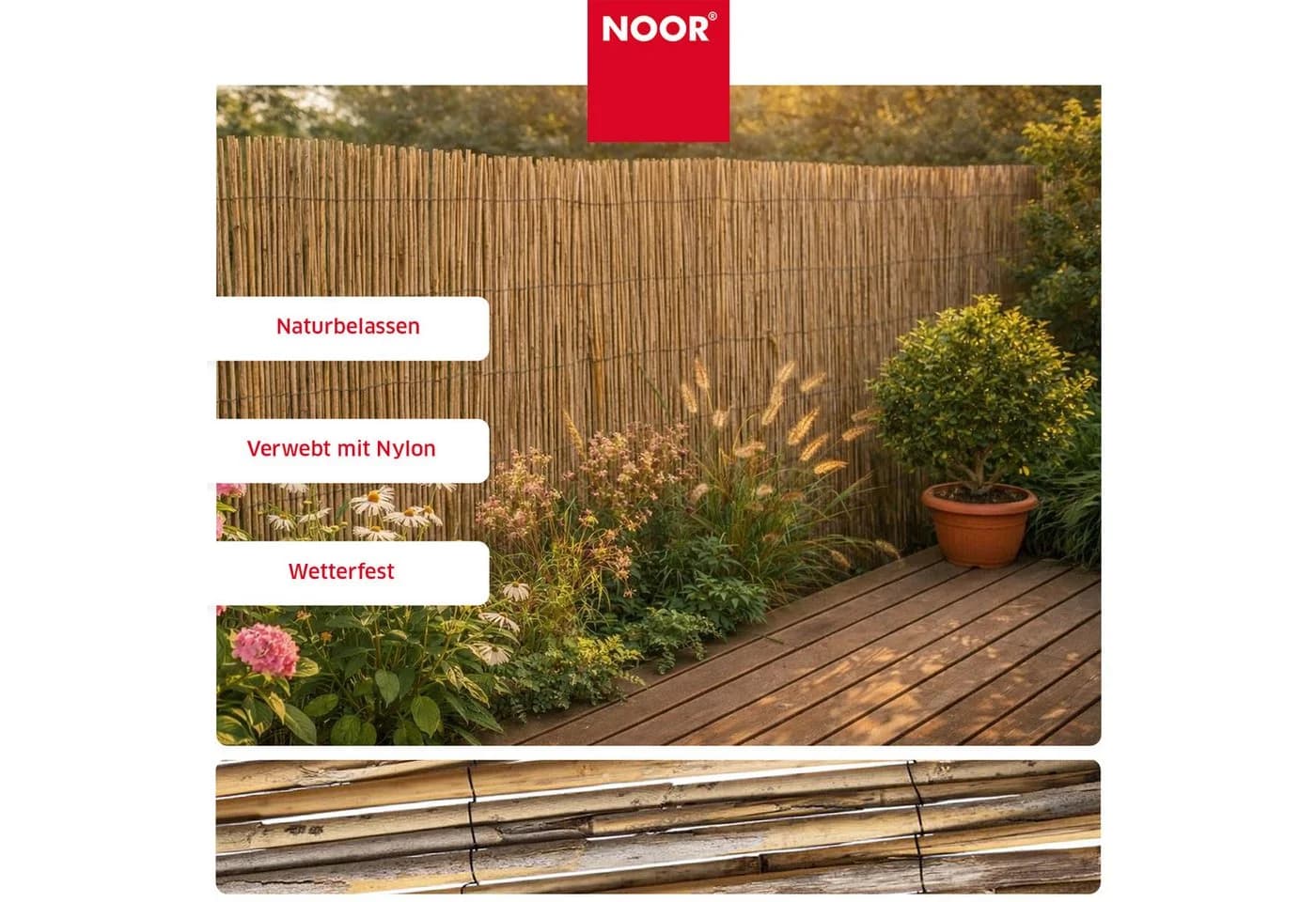 NOOR Schilfrohrmatte CANNES Sichtschutz mit Nylonbindung