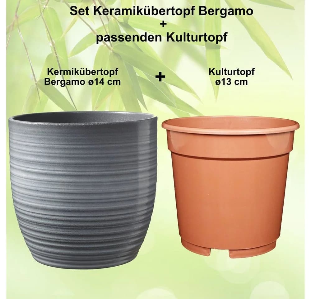 Heimwerkercenter Keramikübertopf Set Bergamo 14 cm Grau + Kulturtopf