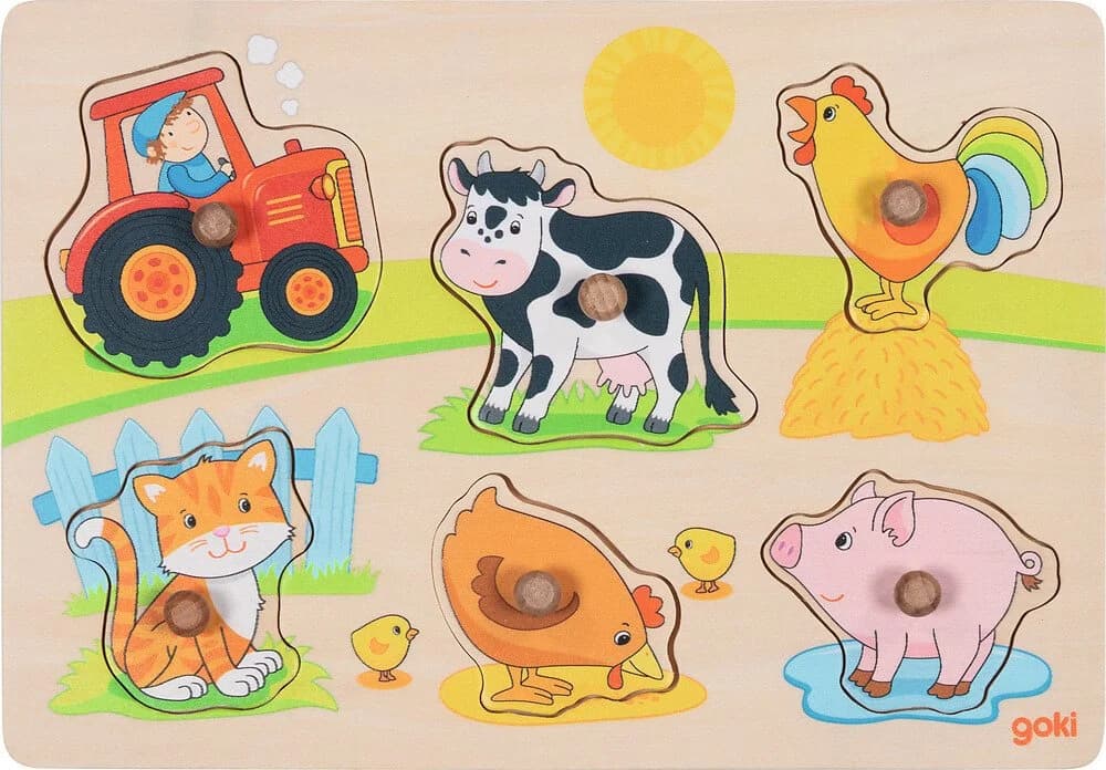 goki Steckpuzzle 2er Holzpuzzle-Set Bauernhof Waldtiere