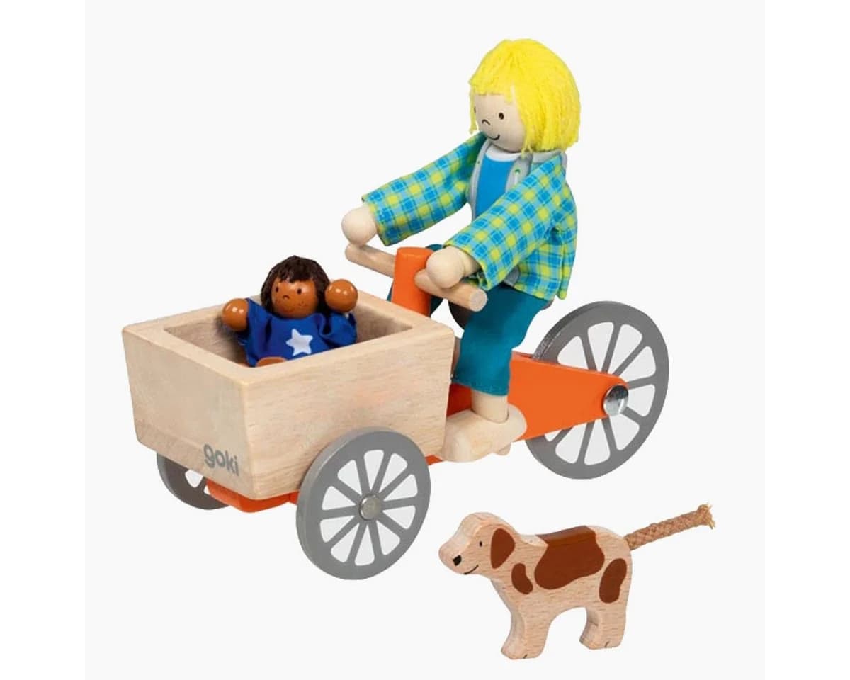goki Lastenfahrrad mit 2 Biegepuppen und Hund Bunt Holzspielzeug - Bild 2