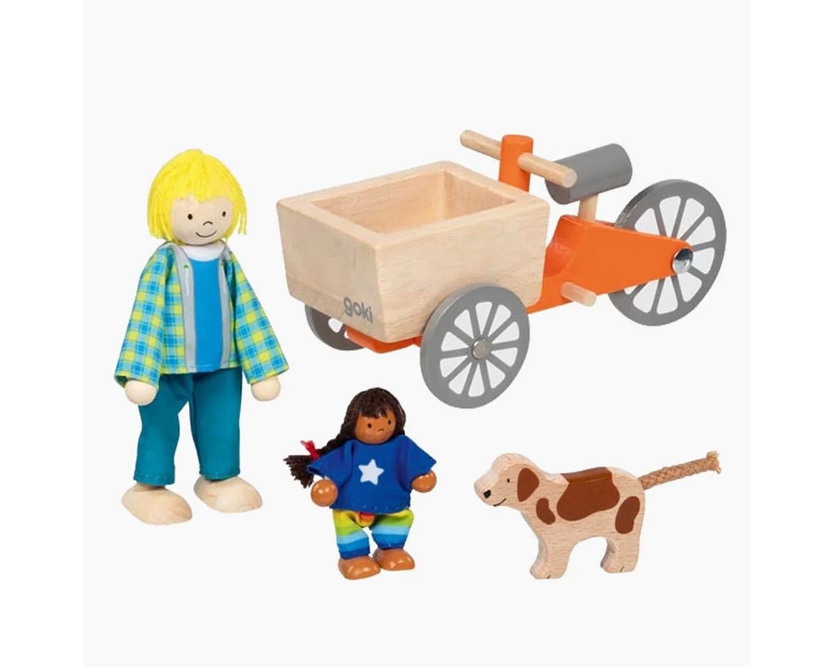 goki Lastenfahrrad mit 2 Biegepuppen und Hund Bunt Holzspielzeug - Bild 3
